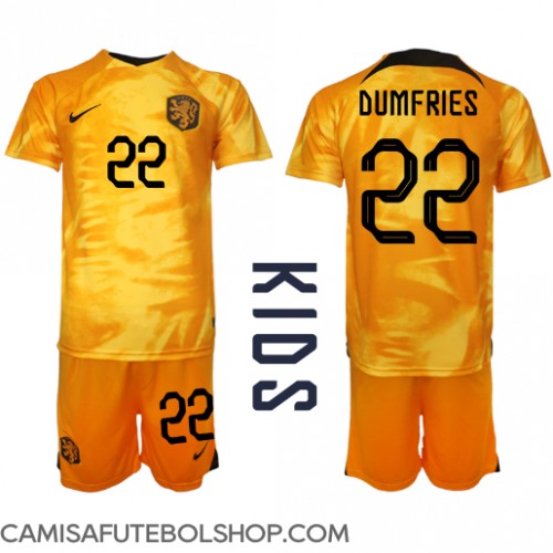 Camisa de time de futebol Holanda Denzel Dumfries #22 Replicas 1º Equipamento Infantil Mundo 2022 Manga Curta (+ Calças curtas)